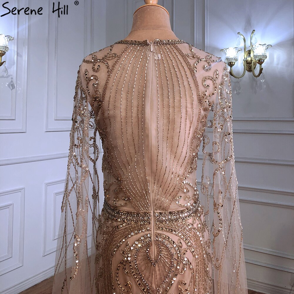 En oferta, sin devolución ni reembolso, elegante vestido de noche de sirena dorado, vestidos de lujo 2025 con mangas de capa y abalorios para mujer, fiesta LA70970