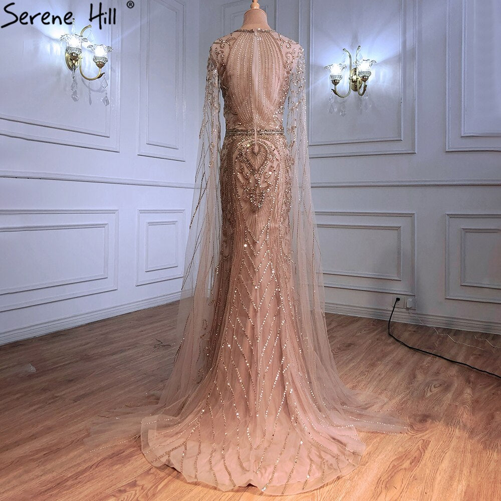 En oferta, sin devolución ni reembolso, elegante vestido de noche de sirena dorado, vestidos de lujo 2025 con mangas de capa y abalorios para mujer, fiesta LA70970