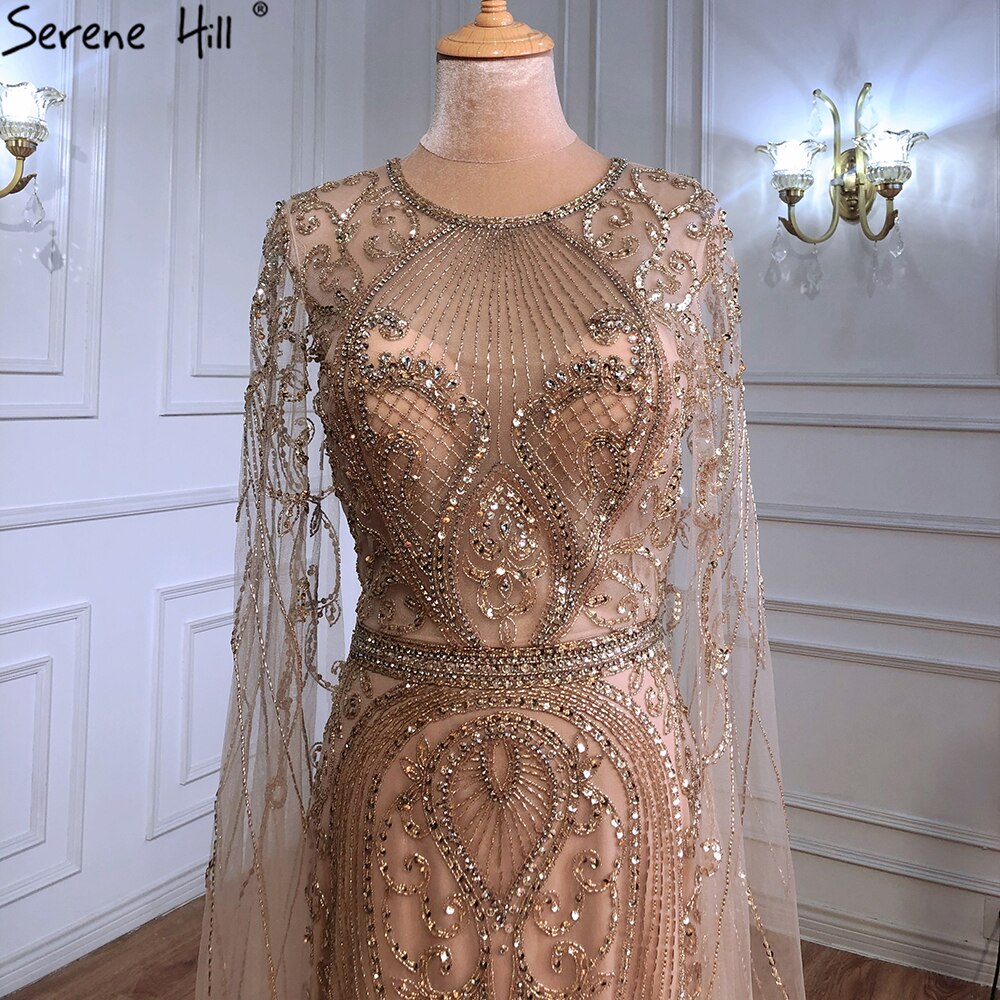 En oferta, sin devolución ni reembolso, elegante vestido de noche de sirena dorado, vestidos de lujo 2025 con mangas de capa y abalorios para mujer, fiesta LA70970