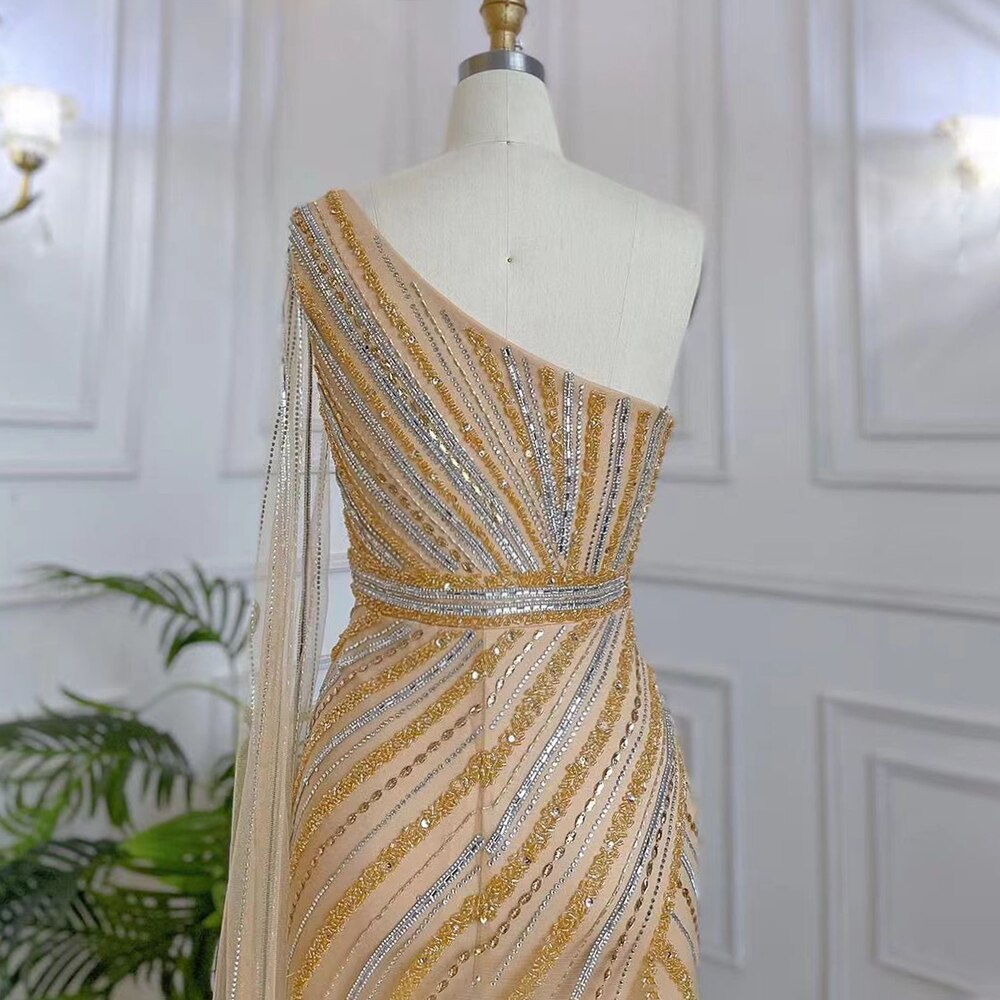Vestido de noche elegante dorado con escote sirena, sexy, de un solo hombro, manga larga, abertura alta, de lujo, con cuentas, LA71902