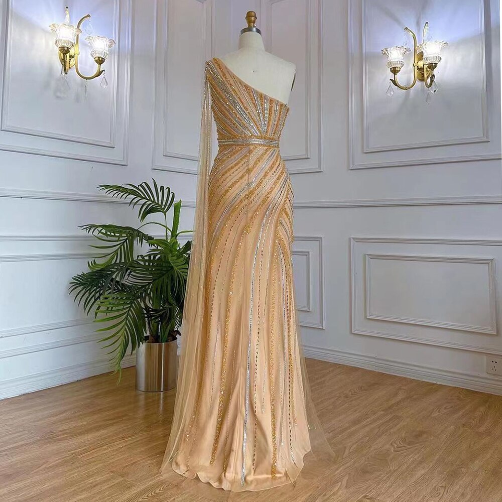 Vestido de noche elegante dorado con escote sirena, sexy, de un solo hombro, manga larga, abertura alta, de lujo, con cuentas, LA71902