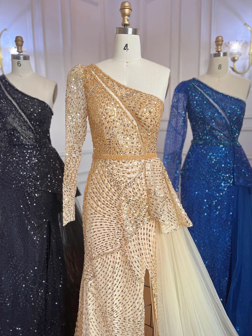 Vestido de noche elegante de sirena dorado, sexy, con un hombro al descubierto y abertura alta, con cuentas, de lujo, para mujer, fiesta 2025 LA71890