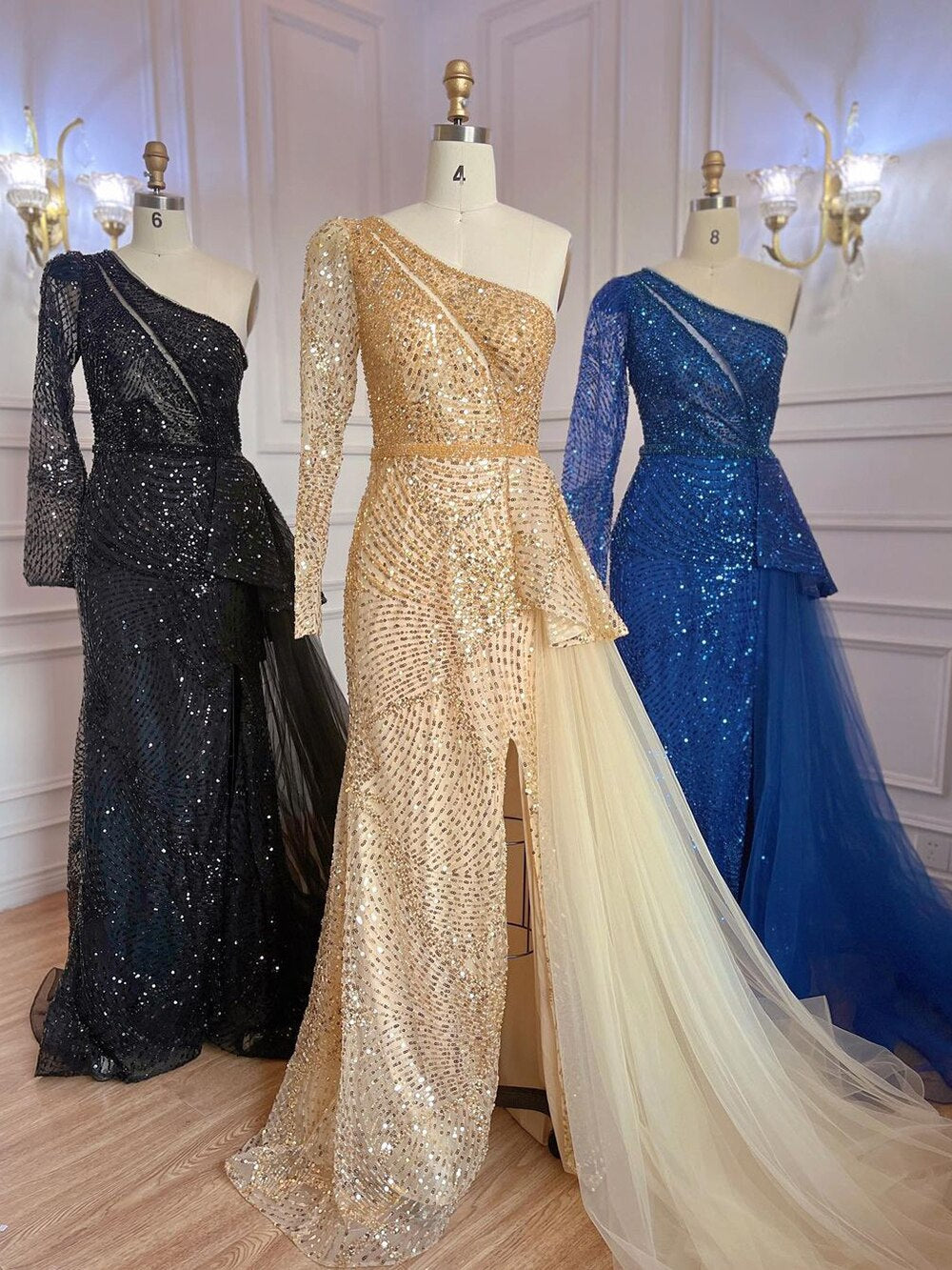 Vestido de noche elegante de sirena dorado, sexy, con un hombro al descubierto y abertura alta, con cuentas, de lujo, para mujer, fiesta 2025 LA71890