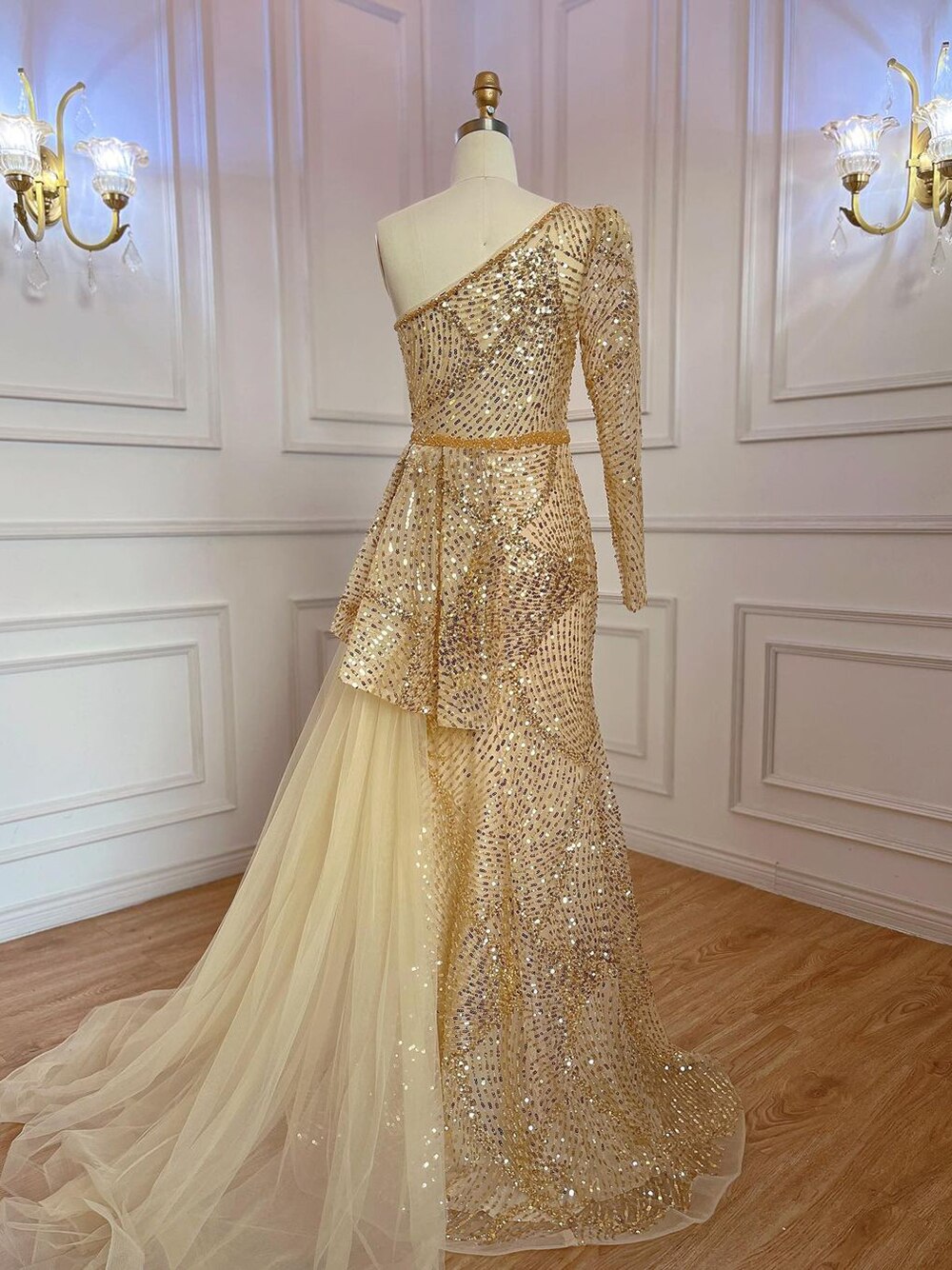 Vestido de noche elegante de sirena dorado, sexy, con un hombro al descubierto y abertura alta, con cuentas, de lujo, para mujer, fiesta 2025 LA71890