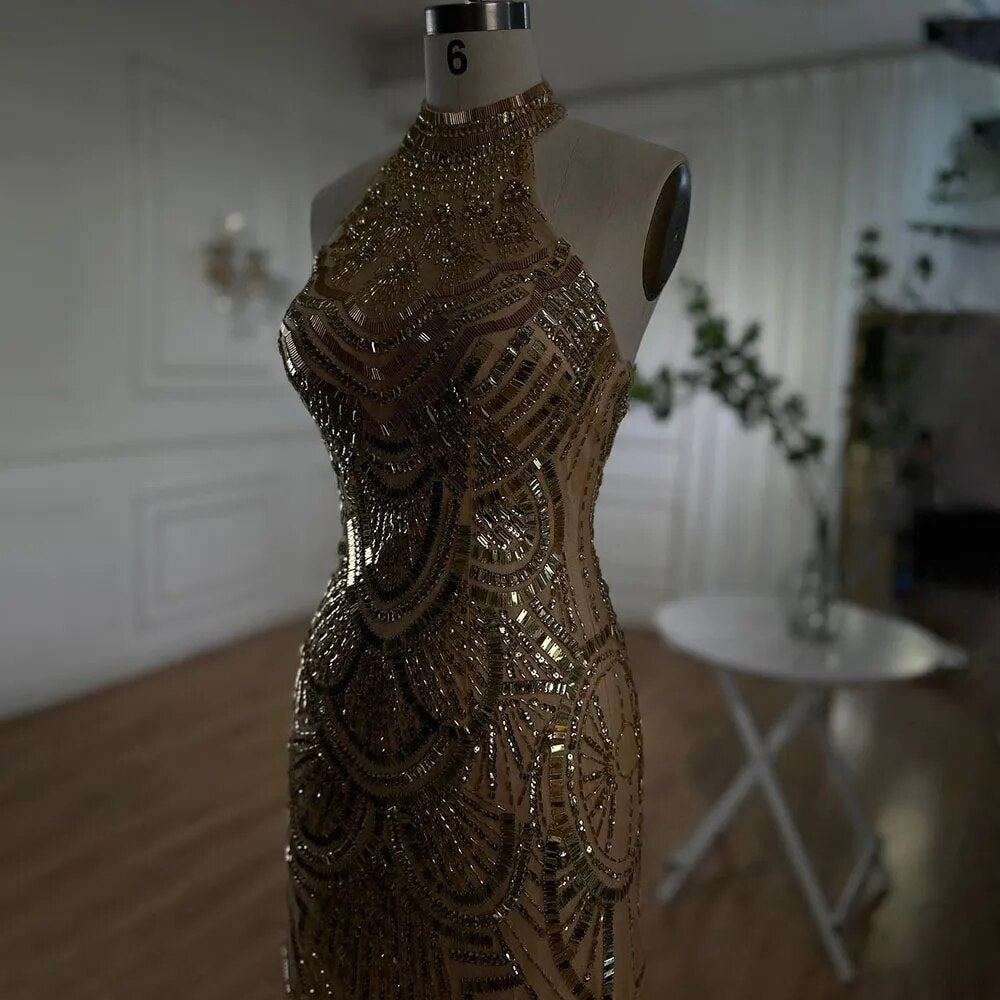 Vestido de noche de sirena con cuello halter dorado y brillantes, 2025, con lentejuelas y cuentas, sin mangas, para mujer, para fiesta de boda LA6461