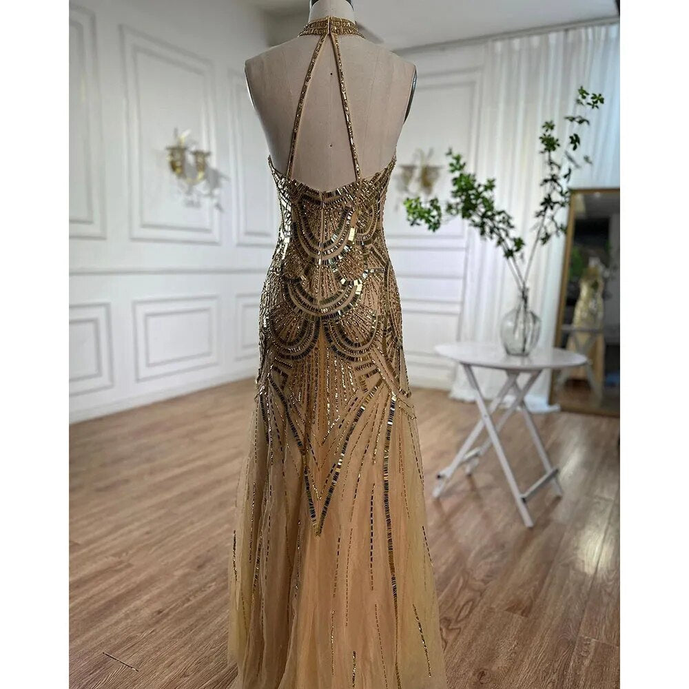 Vestido de noche de sirena con cuello halter dorado y brillantes, 2025, con lentejuelas y cuentas, sin mangas, para mujer, para fiesta de boda LA6461