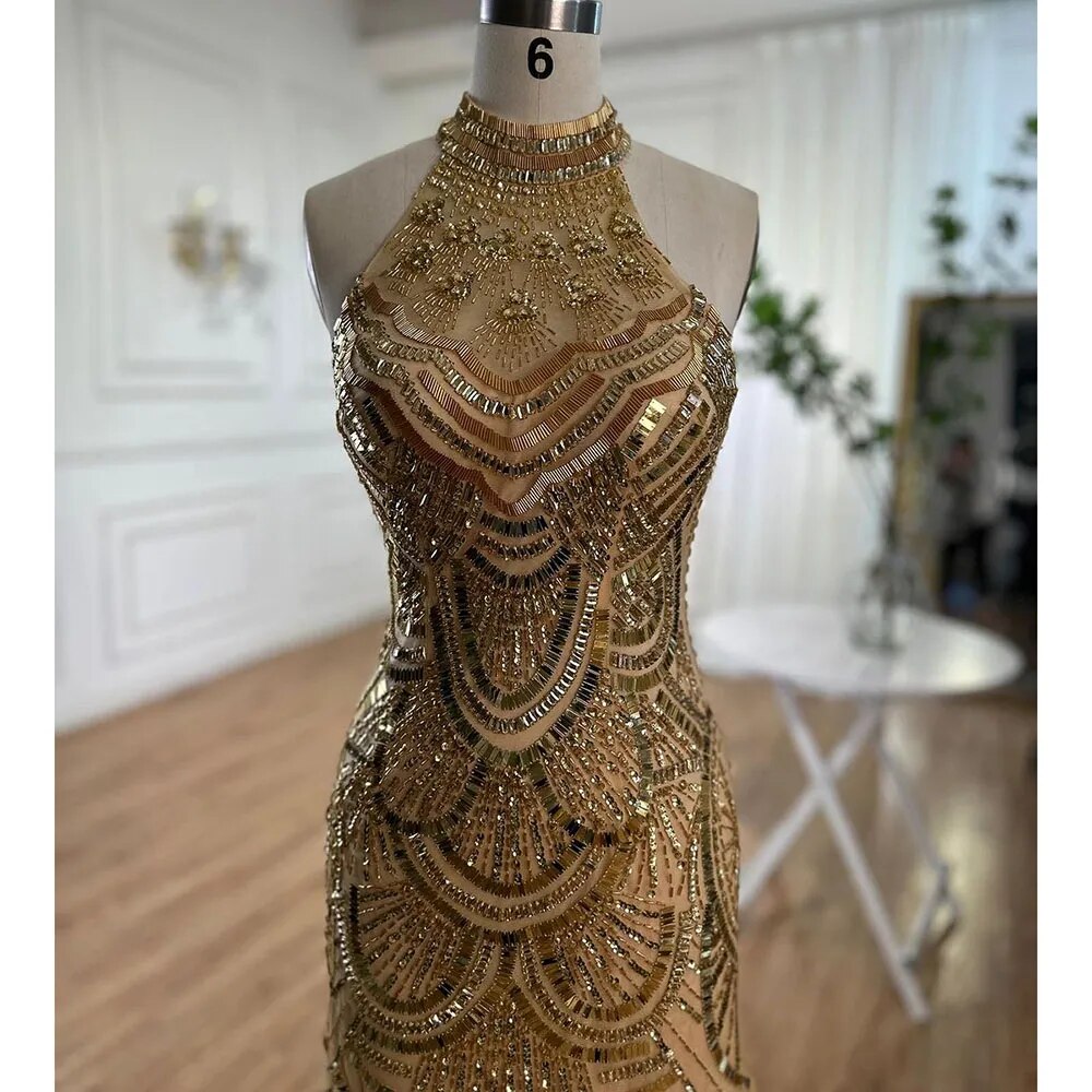 Vestido de noche de sirena con cuello halter dorado y brillantes, 2025, con lentejuelas y cuentas, sin mangas, para mujer, para fiesta de boda LA6461