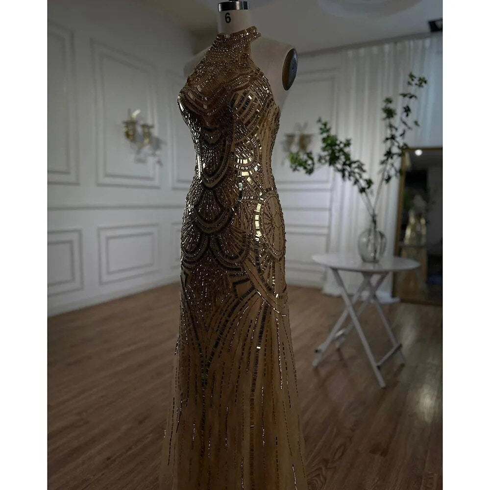 Vestido de noche de sirena con cuello halter dorado y brillantes, 2025, con lentejuelas y cuentas, sin mangas, para mujer, para fiesta de boda LA6461