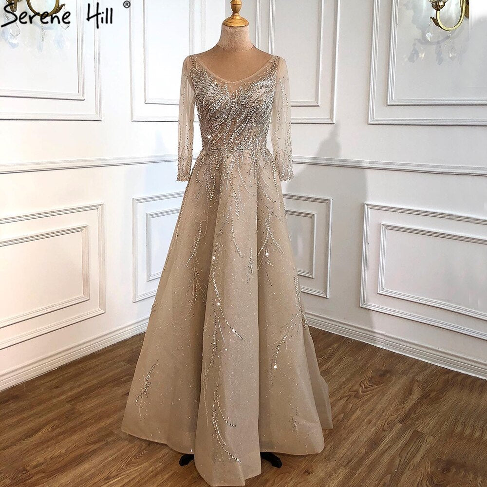 Vestidos de noche dorados de lujo, corte A, 2025, con cuentas brillantes, sexys, para mujer, fiesta, LA70823