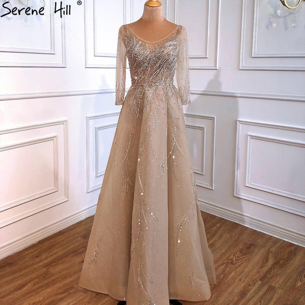 Vestidos de noche dorados de lujo, corte A, 2025, con cuentas brillantes, sexys, para mujer, fiesta, LA70823