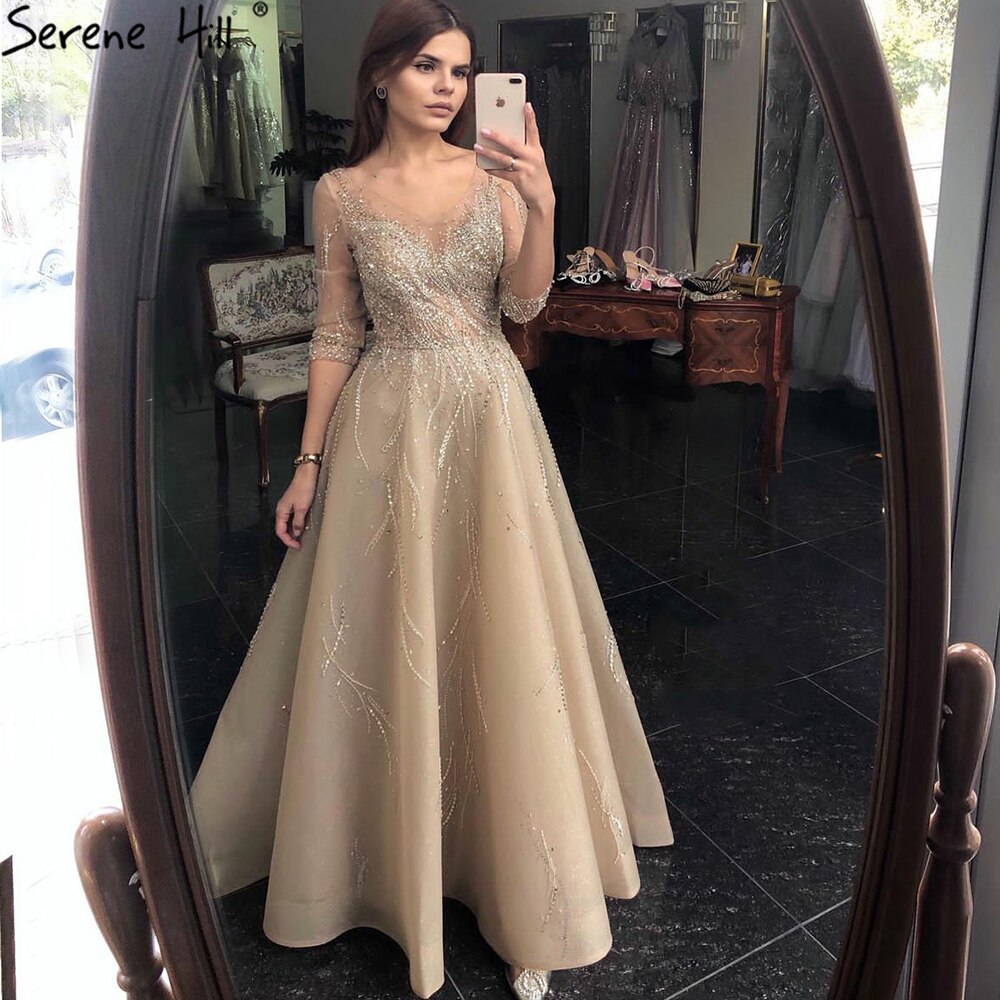 Vestidos de noche dorados de lujo, corte A, 2025, con cuentas brillantes, sexys, para mujer, fiesta, LA70823