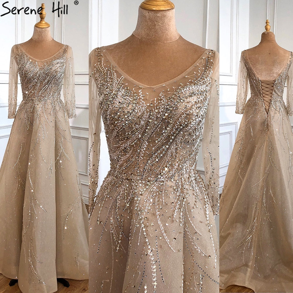 Vestidos de noche dorados de lujo, corte A, 2025, con cuentas brillantes, sexys, para mujer, fiesta, LA70823