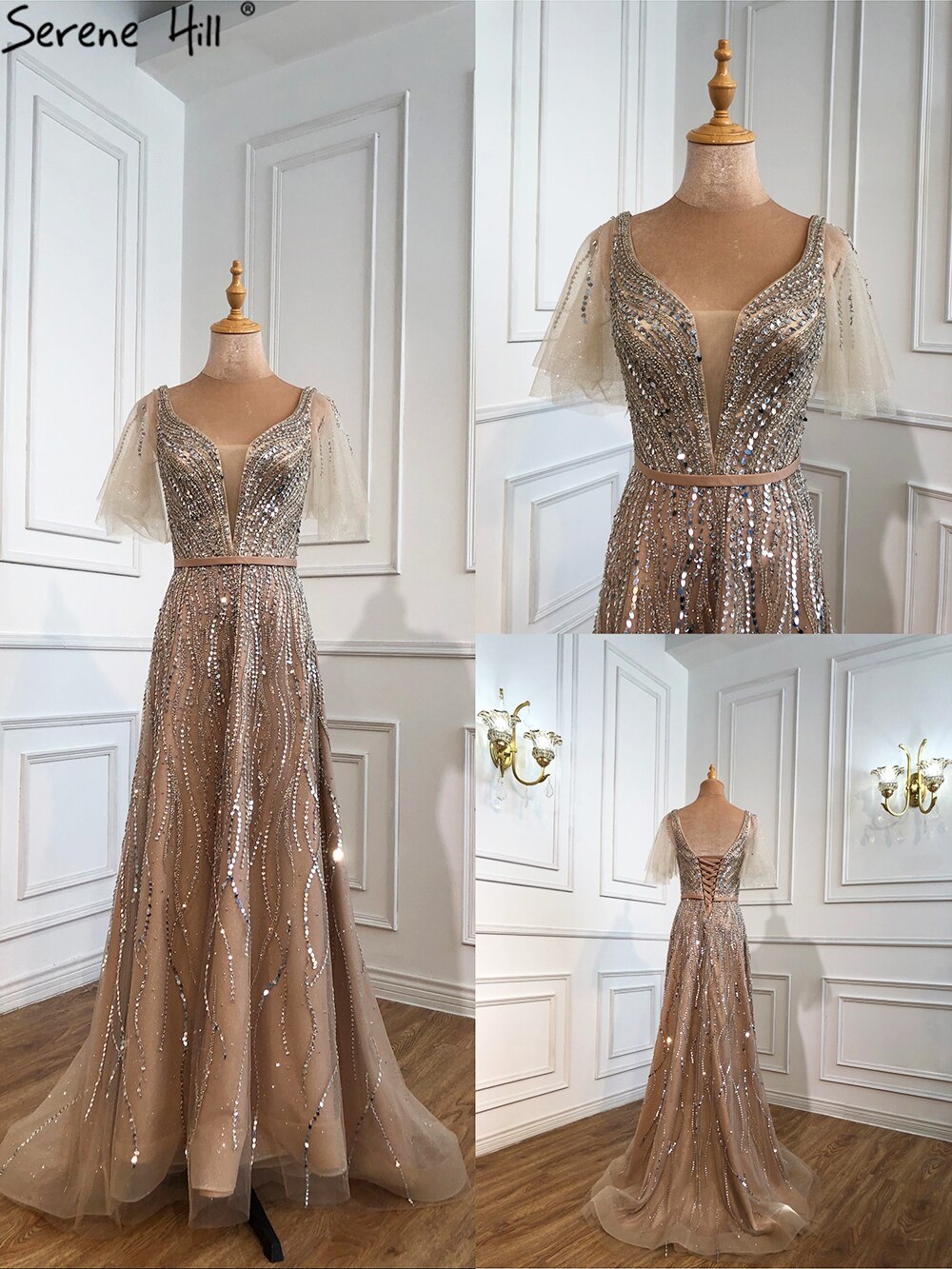 Vestidos de noche dorados de lujo, corte A, 2025, con cuentas, mangas cortas acampanadas para mujer, fiesta LA70824