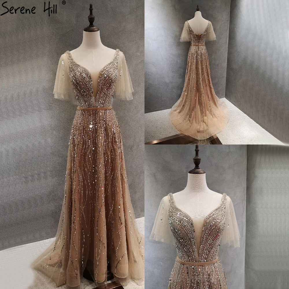 Vestidos de noche dorados de lujo, corte A, 2025, con cuentas, mangas cortas acampanadas para mujer, fiesta LA70824