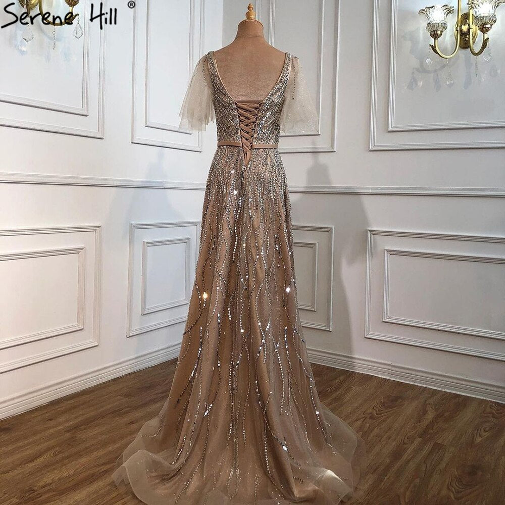 Vestidos de noche dorados de lujo, corte A, 2025, con cuentas, mangas cortas acampanadas para mujer, fiesta LA70824
