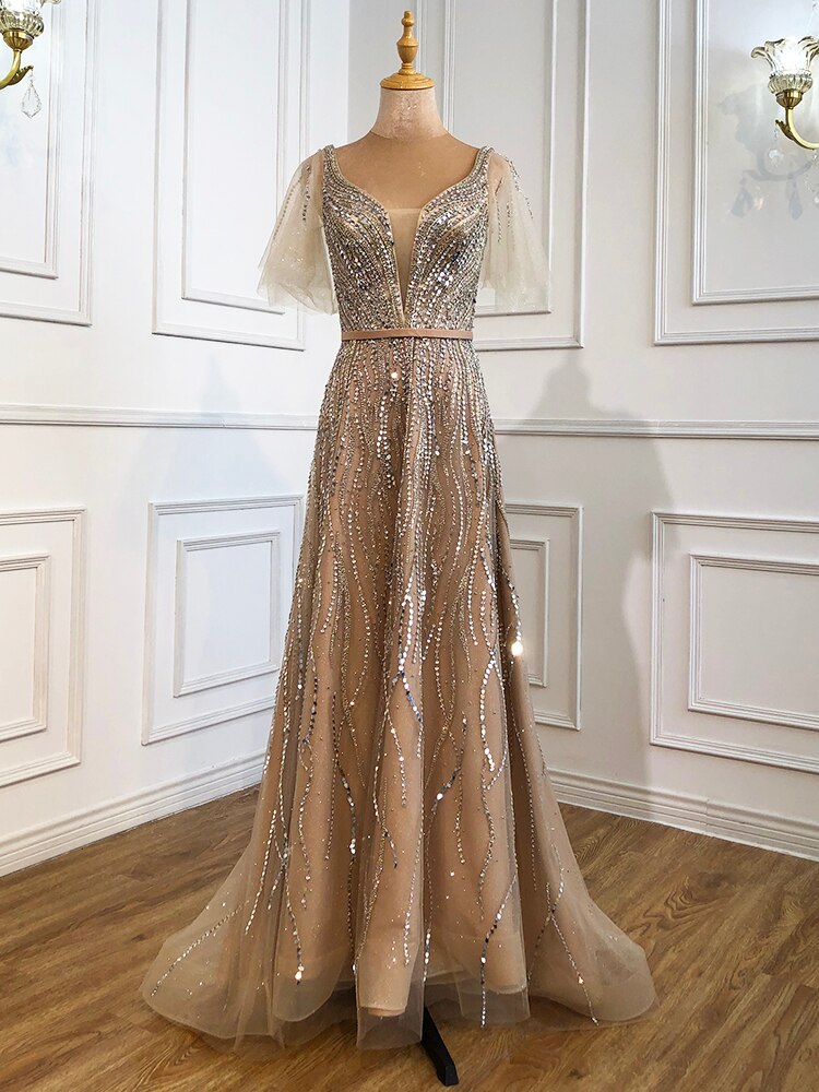Vestidos de noche dorados de lujo, corte A, 2025, con cuentas, mangas cortas acampanadas para mujer, fiesta LA70824