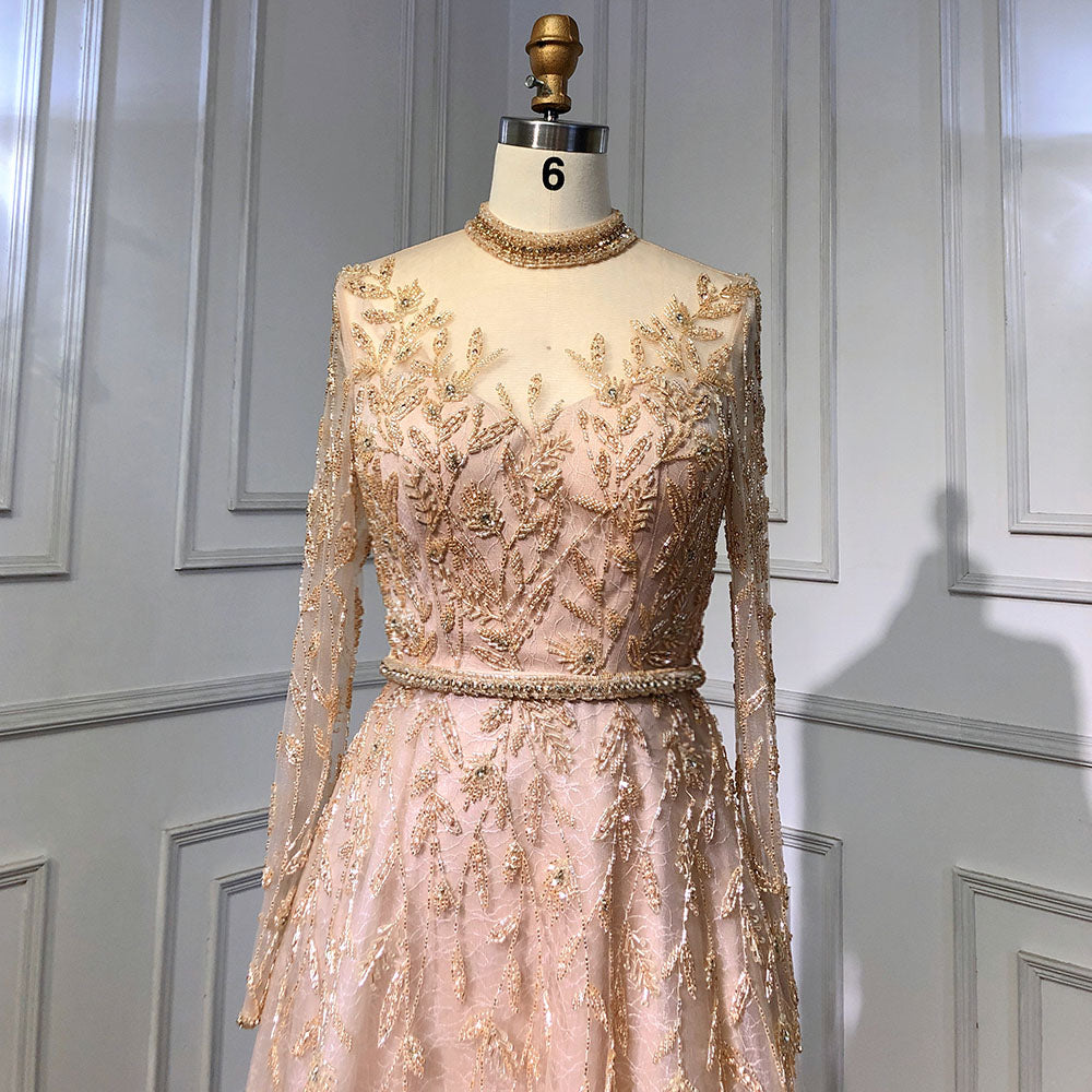 Vestidos de noche dorados de lujo, corte A, cuello redondo, con cuentas, tirantes finos, sexys, para mujer, fiesta, LA71378L