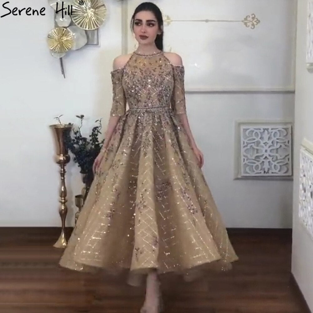 Vestido midi dorado de lujo hasta los tobillos, para fiesta de noche, boda 2025, vestidos de noche para mujer, LA71051
