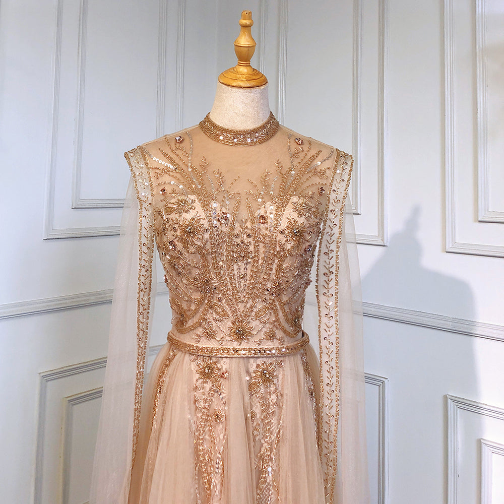 Vestidos de noche dorados de lujo con mangas tipo capa, vestidos de sirena con cuentas 2025, elegantes para mujer para fiesta LA71604