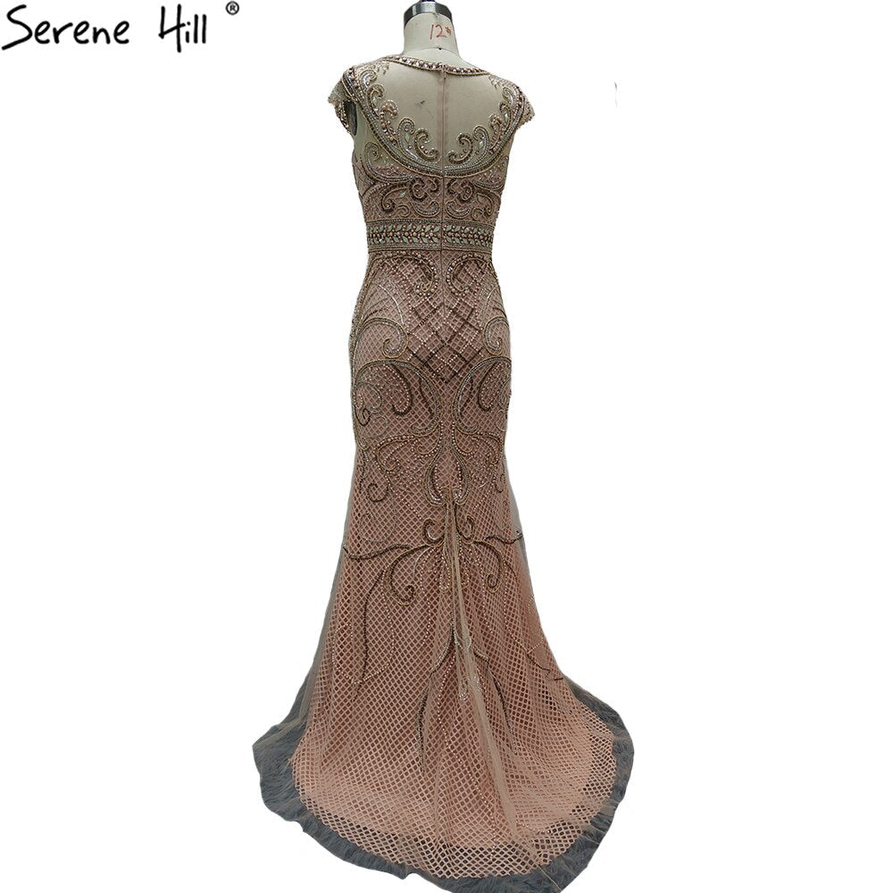 Vestidos de noche dorados de lujo con mangas cortas, vestidos de sirena 2025, elegantes con cuentas para mujer, fiesta LA70851