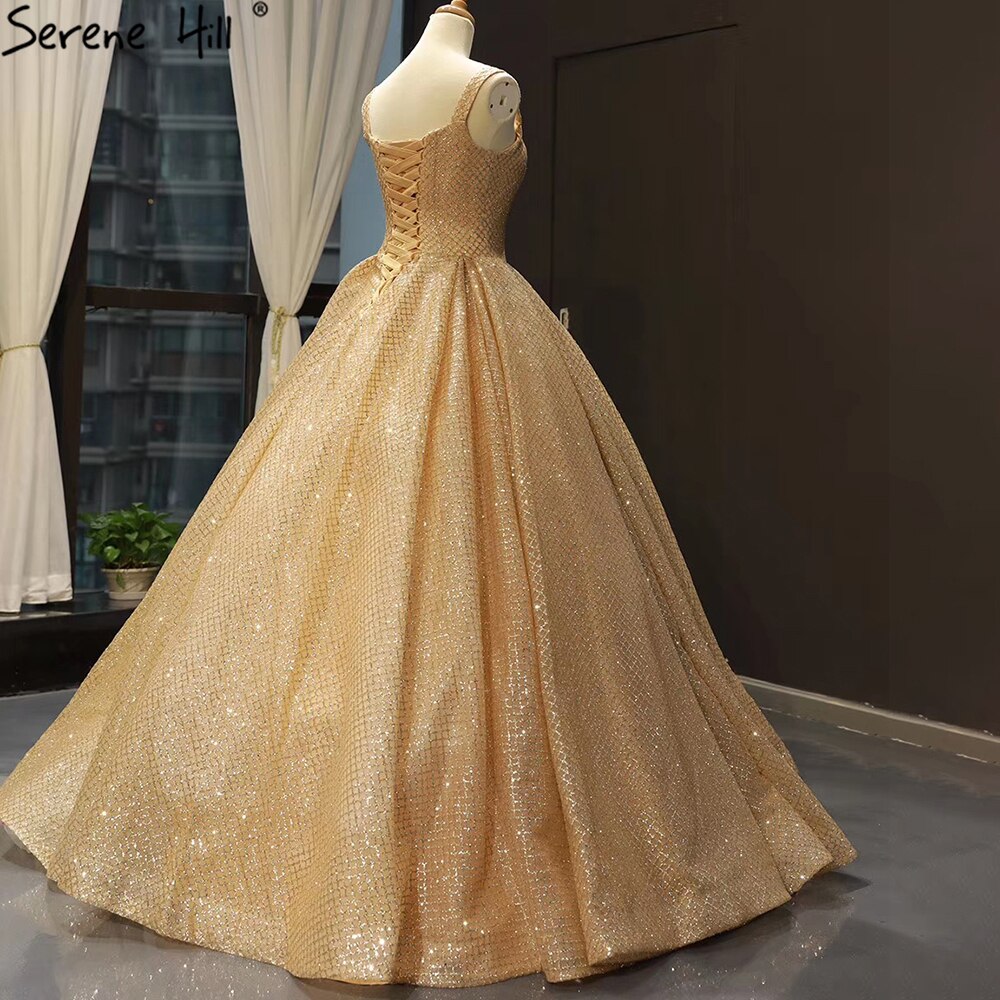 Vestidos de novia de lujo con purpurina dorada 2025, vestido de novia sexy con tirantes finos HM66731, hecho a medida