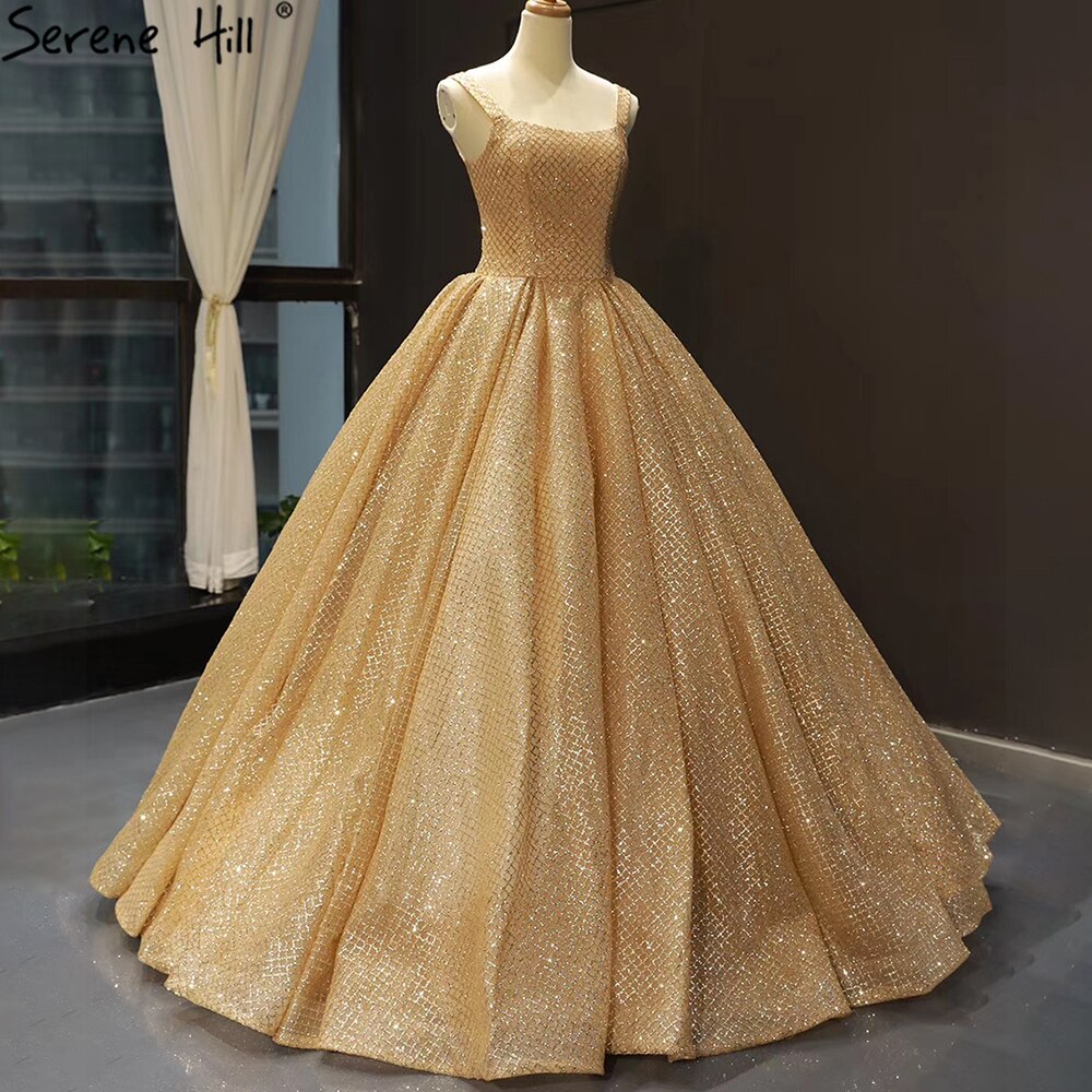 Vestidos de novia de lujo con purpurina dorada 2025, vestido de novia sexy con tirantes finos HM66731, hecho a medida