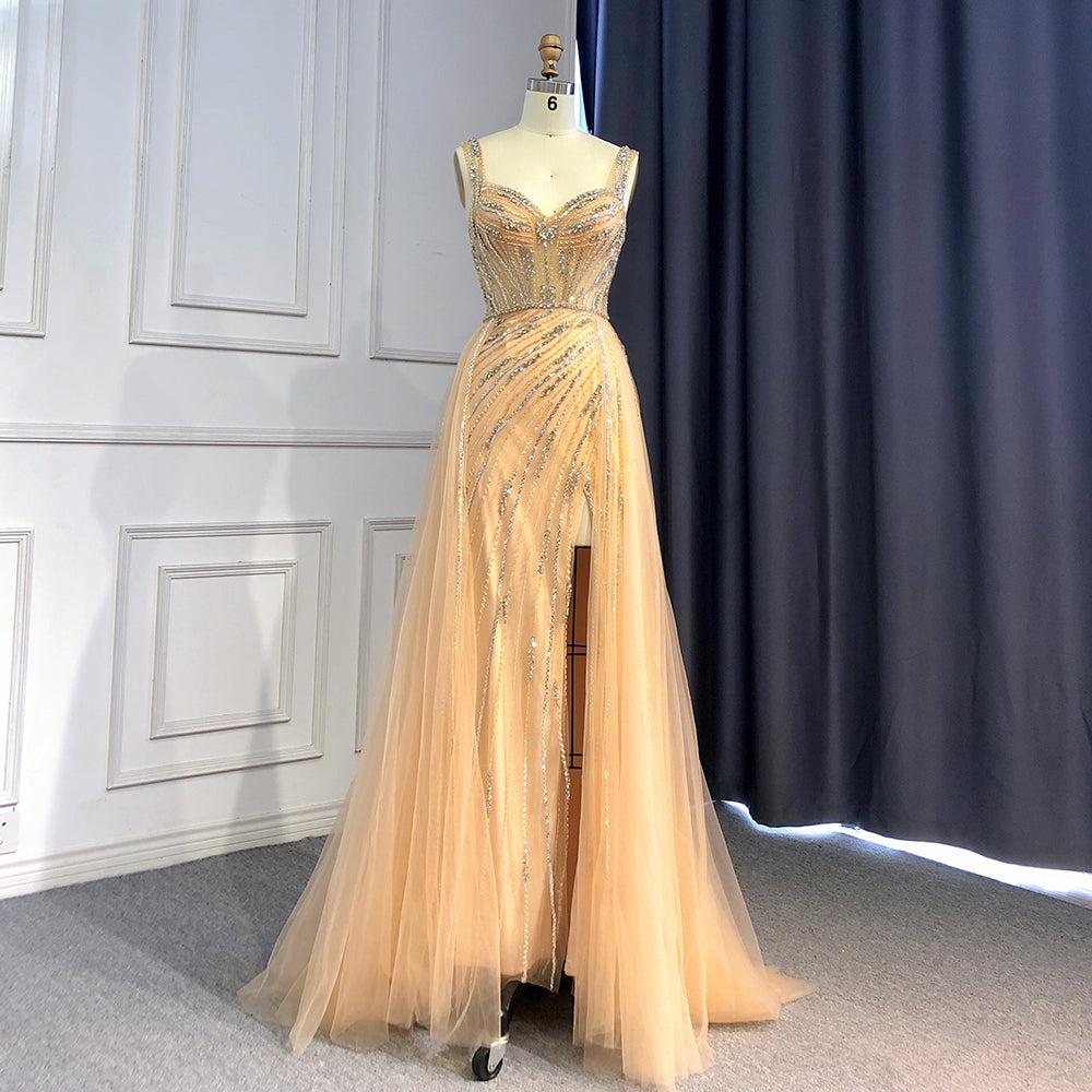Vestidos de noche dorados de lujo con abertura alta, elegantes vestidos de fiesta de sirena con cuentas 2025 LA71373