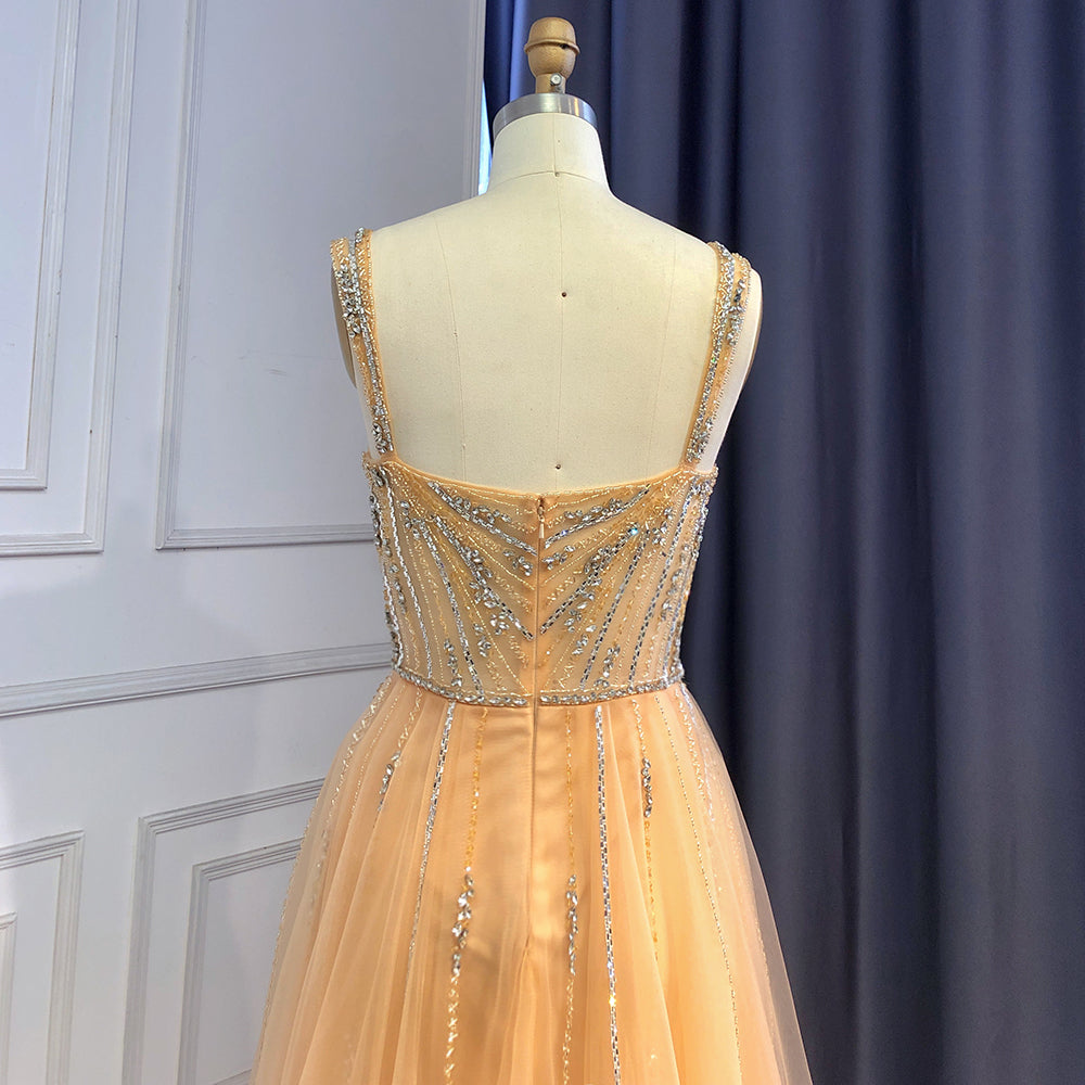 Vestidos de noche dorados de lujo con abertura alta, elegantes vestidos de fiesta de sirena con cuentas 2025 LA71373