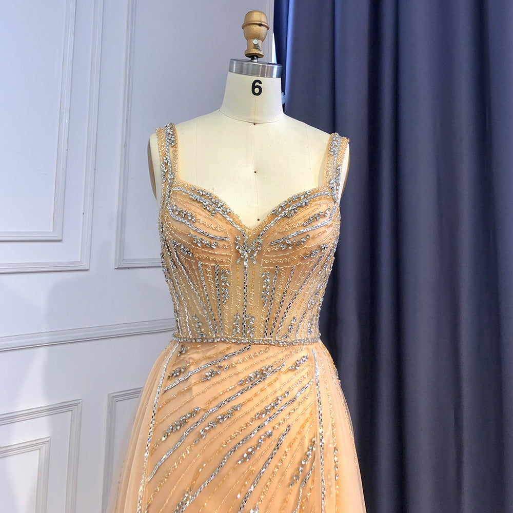 Vestidos de noche dorados de lujo con abertura alta, elegantes vestidos de fiesta de sirena con cuentas 2025 LA71373