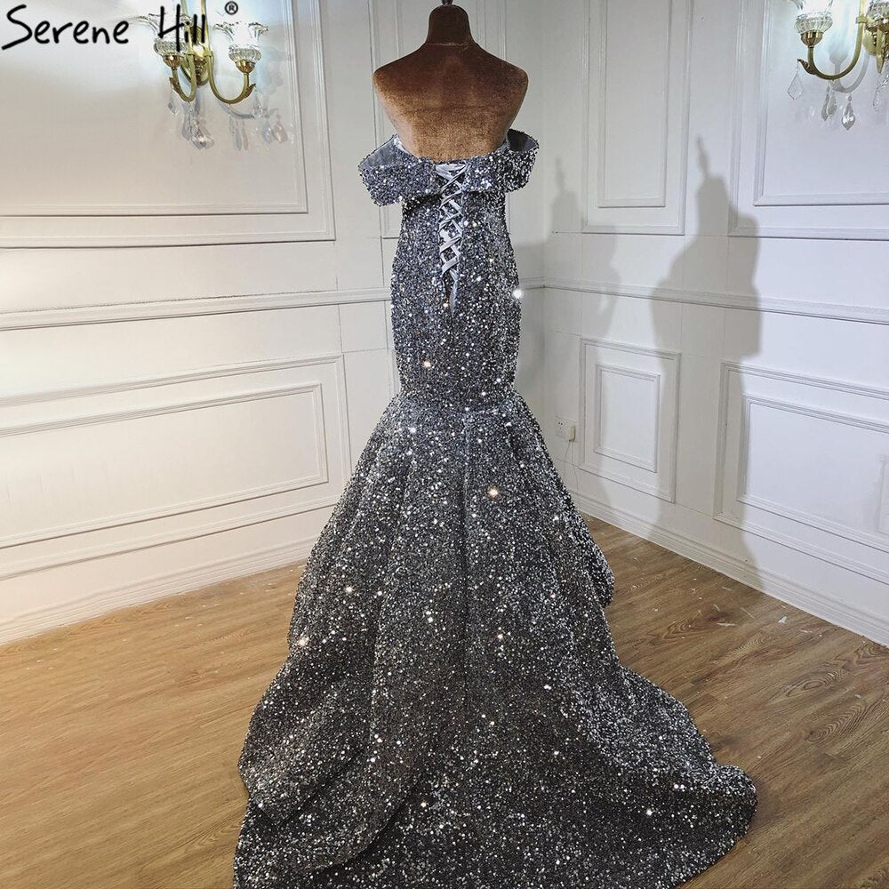 Vestidos de novia de sirena de lujo dorados, hombros descubiertos, brillantes, elegantes y sexys, HA2353