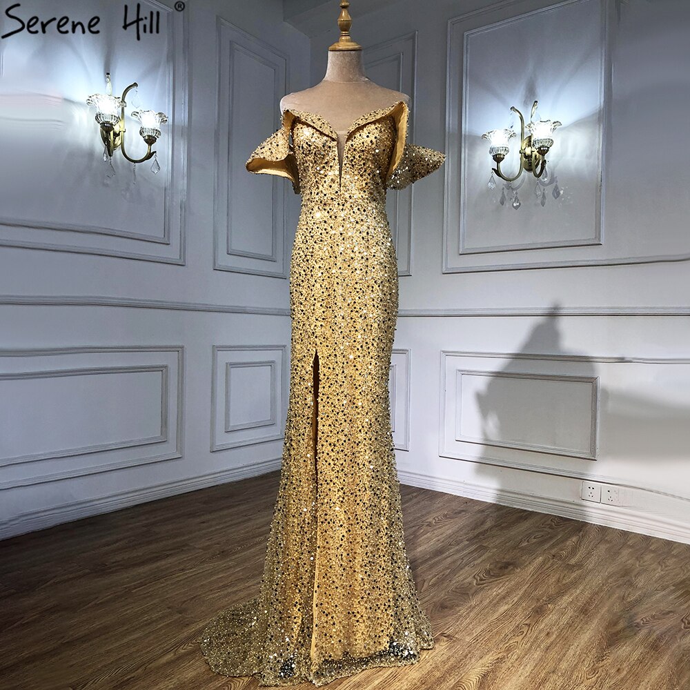 Vestidos de noche dorados de lujo, sexys, con abertura, corte sirena y cuentas, elegantes para mujer, para fiesta, LA70870