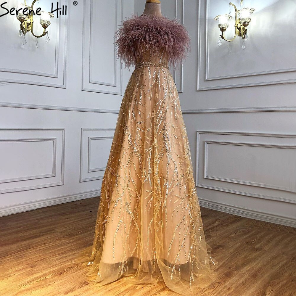 Vestidos de noche dorados de lujo sin tirantes, 2025, con plumas y cuentas, sexys, corte A para mujer, para fiesta, LA71071