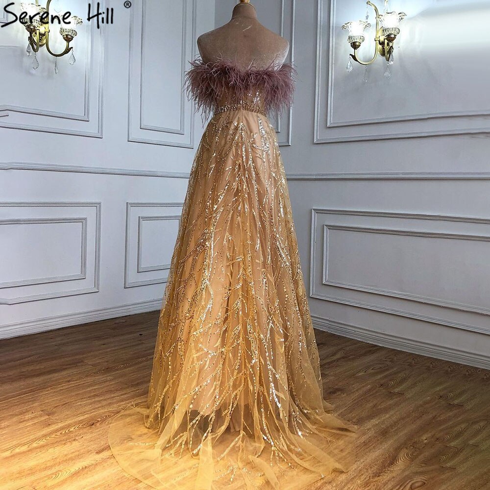 Vestidos de noche dorados de lujo sin tirantes, 2025, con plumas y cuentas, sexys, corte A para mujer, para fiesta, LA71071
