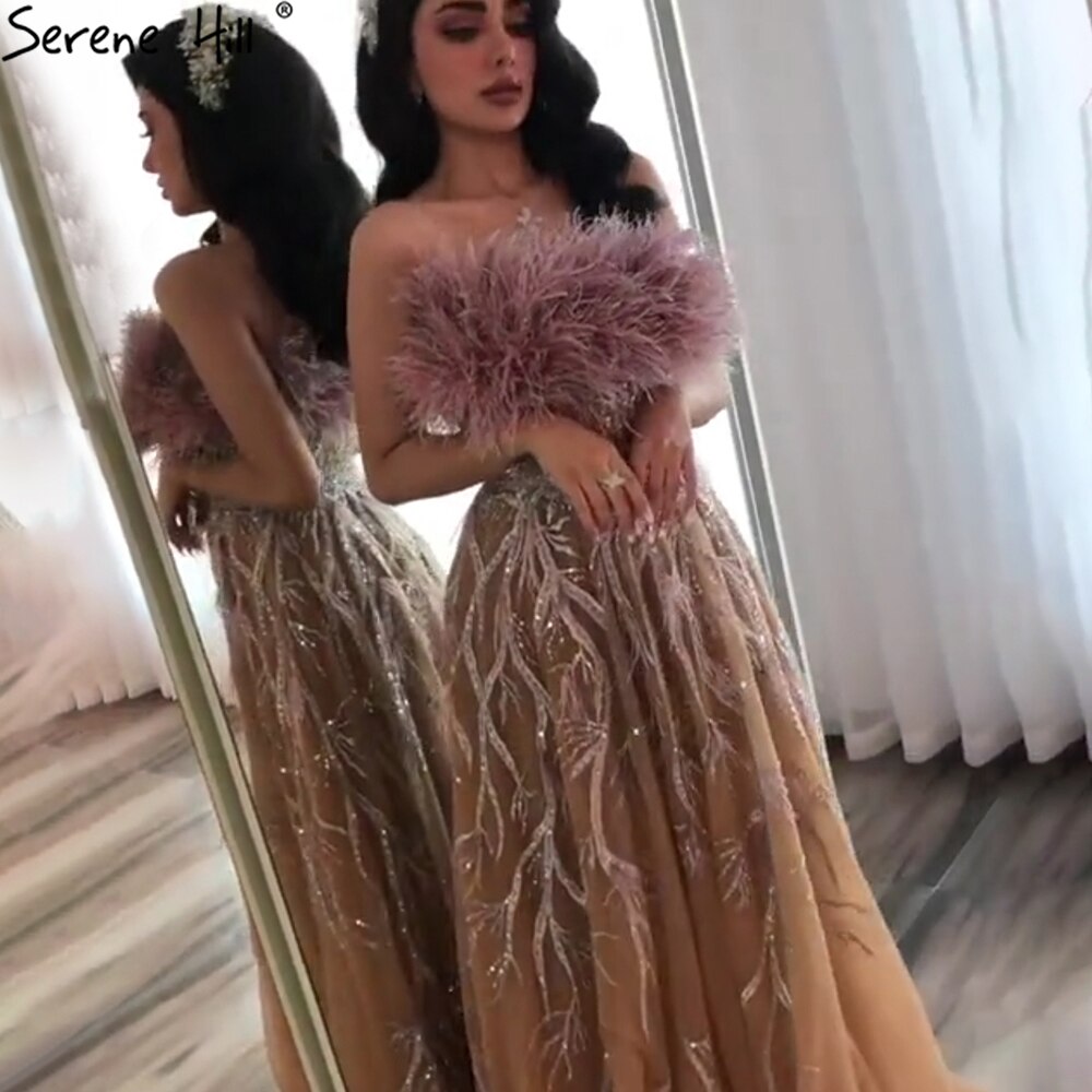 Vestidos de noche dorados de lujo sin tirantes, 2025, con plumas y cuentas, sexys, corte A para mujer, para fiesta, LA71071