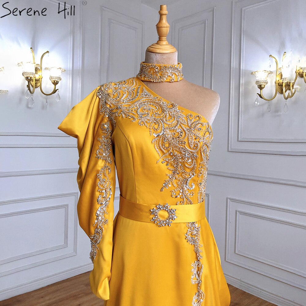Vestidos de noche elegantes de satén con cuentas y corte sirena dorados, un hombro, para mujer, fiesta, LA71424