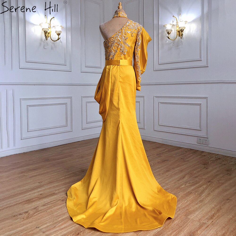 Vestidos de noche elegantes de satén con cuentas y corte sirena dorados, un hombro, para mujer, fiesta, LA71424