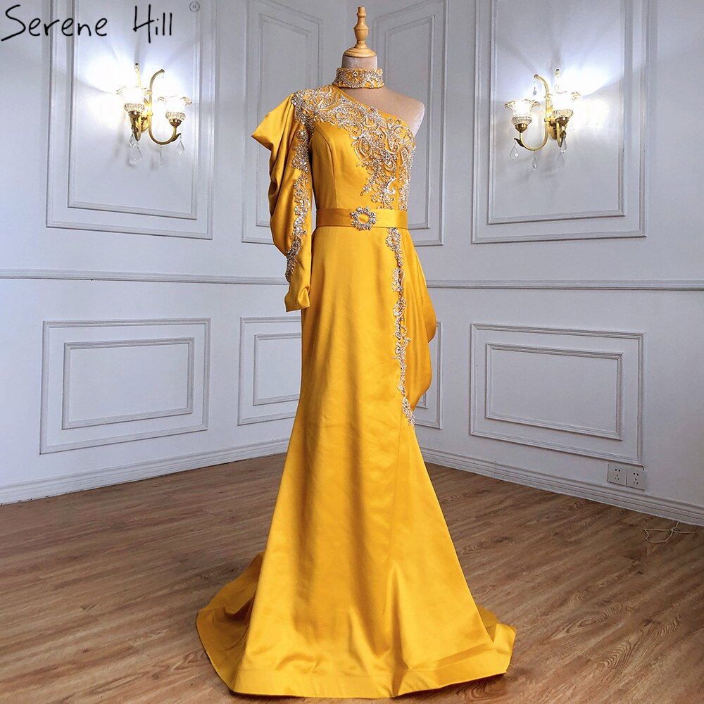 Vestidos de noche elegantes de satén con cuentas y corte sirena dorados, un hombro, para mujer, fiesta, LA71424