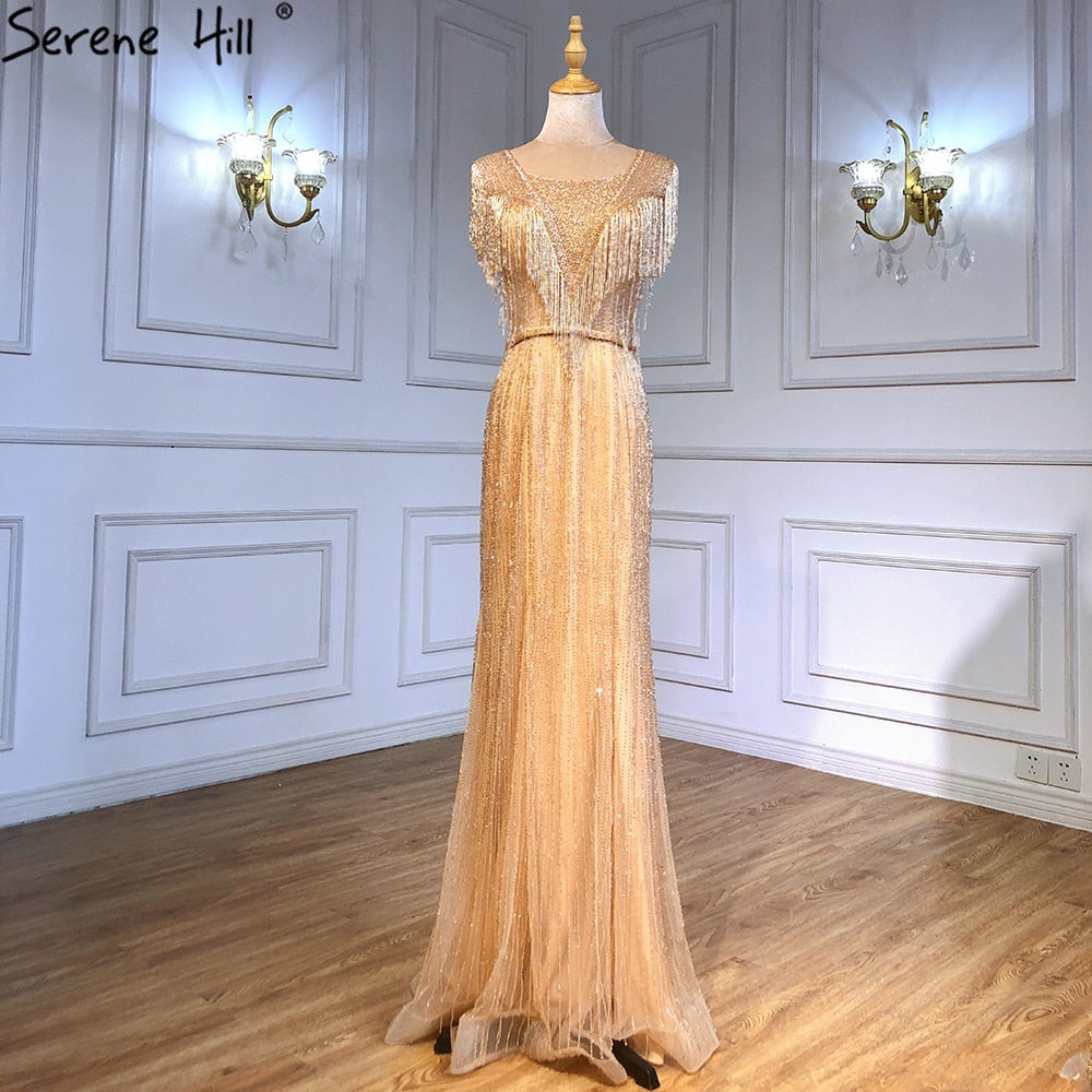 Elegante vestido de noche de sirena dorado con borlas y cuentas, de lujo, para mujer, para fiesta, LA71435