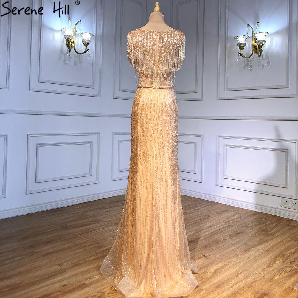 Elegante vestido de noche de sirena dorado con borlas y cuentas, de lujo, para mujer, para fiesta, LA71435