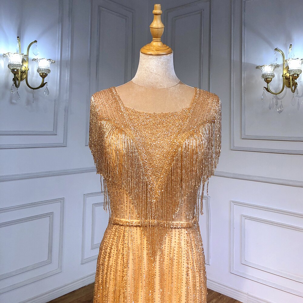 Elegante vestido de noche de sirena dorado con borlas y cuentas, de lujo, para mujer, para fiesta, LA71435