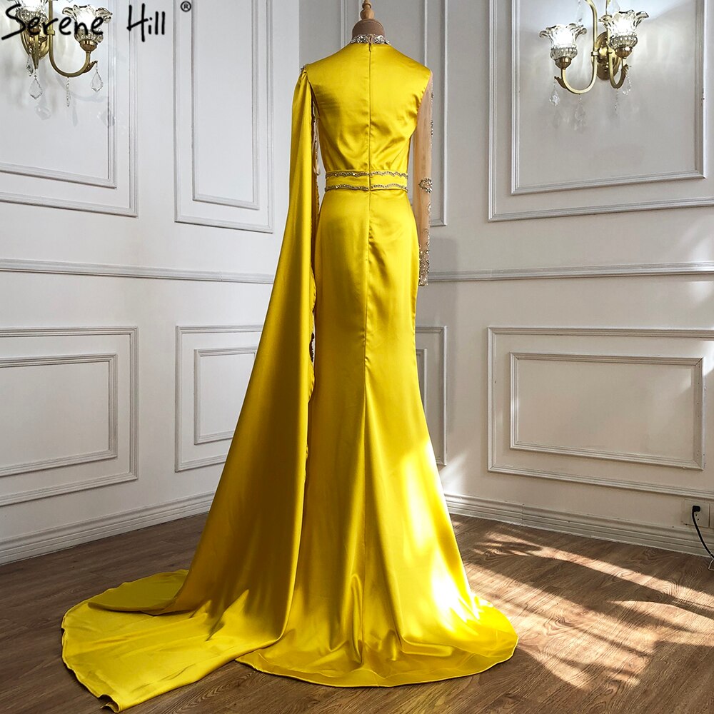 Elegante vestido de noche de sirena dorado, 2025, de satén, de lujo, con cuentas, un hombro, para mujer, fiesta, LA70869