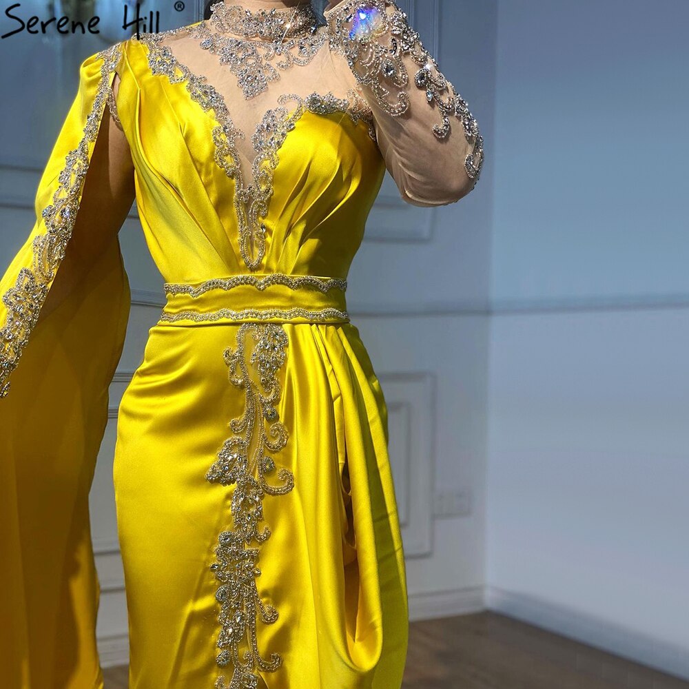 Elegante vestido de noche de sirena dorado, 2025, de satén, de lujo, con cuentas, un hombro, para mujer, fiesta, LA70869