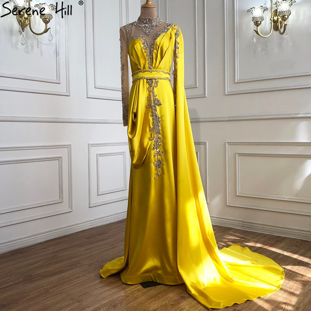 Elegante vestido de noche de sirena dorado, 2025, de satén, de lujo, con cuentas, un hombro, para mujer, fiesta, LA70869