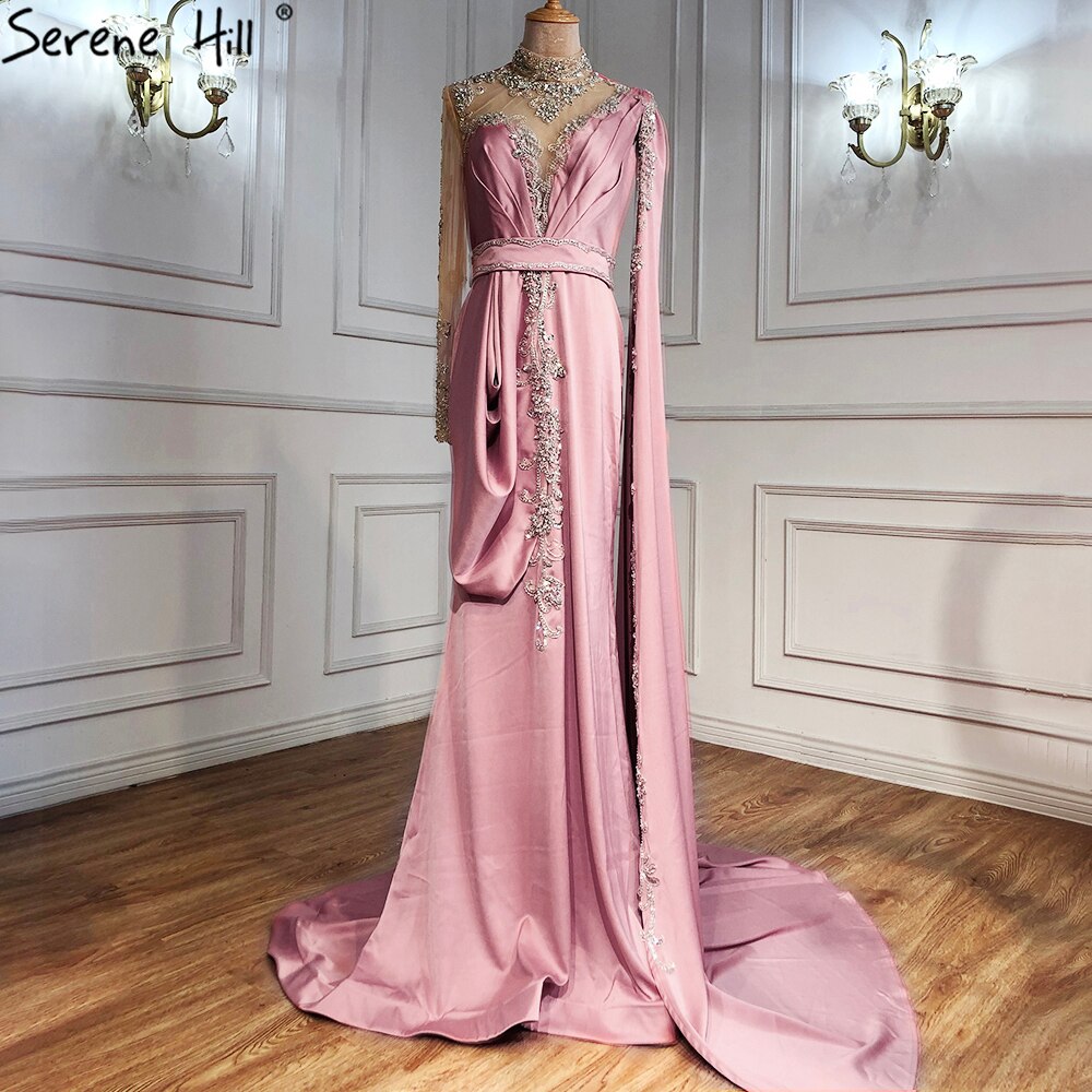 Elegante vestido de noche de sirena dorado, 2025, de satén, de lujo, con cuentas, un hombro, para mujer, fiesta, LA70869