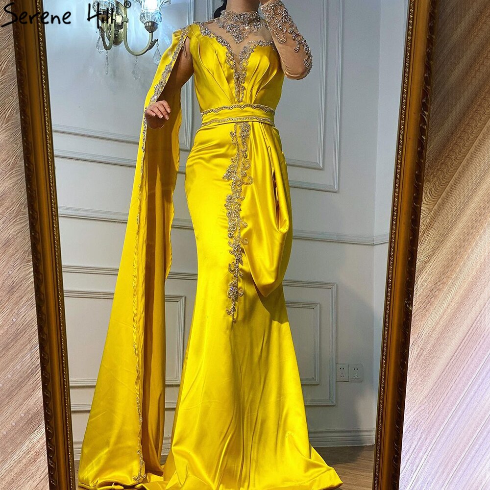 Elegante vestido de noche de sirena dorado, 2025, de satén, de lujo, con cuentas, un hombro, para mujer, fiesta, LA70869