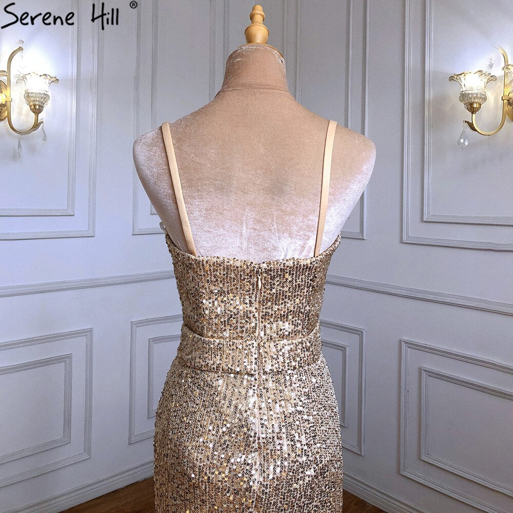 Elegante vestido de noche de sirena dorado con tirantes finos y brillo para mujer, LA71419