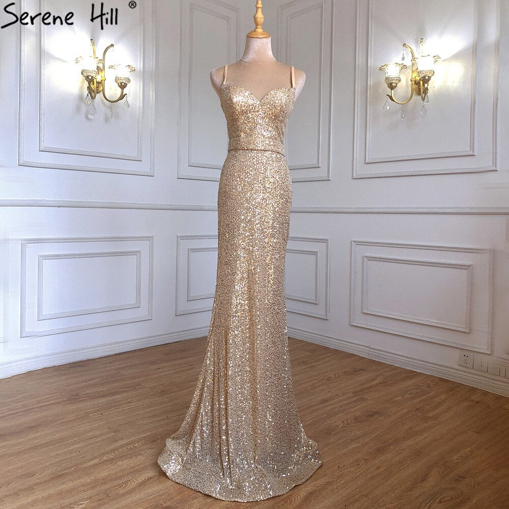 Elegante vestido de noche de sirena dorado con tirantes finos y brillo para mujer, LA71419