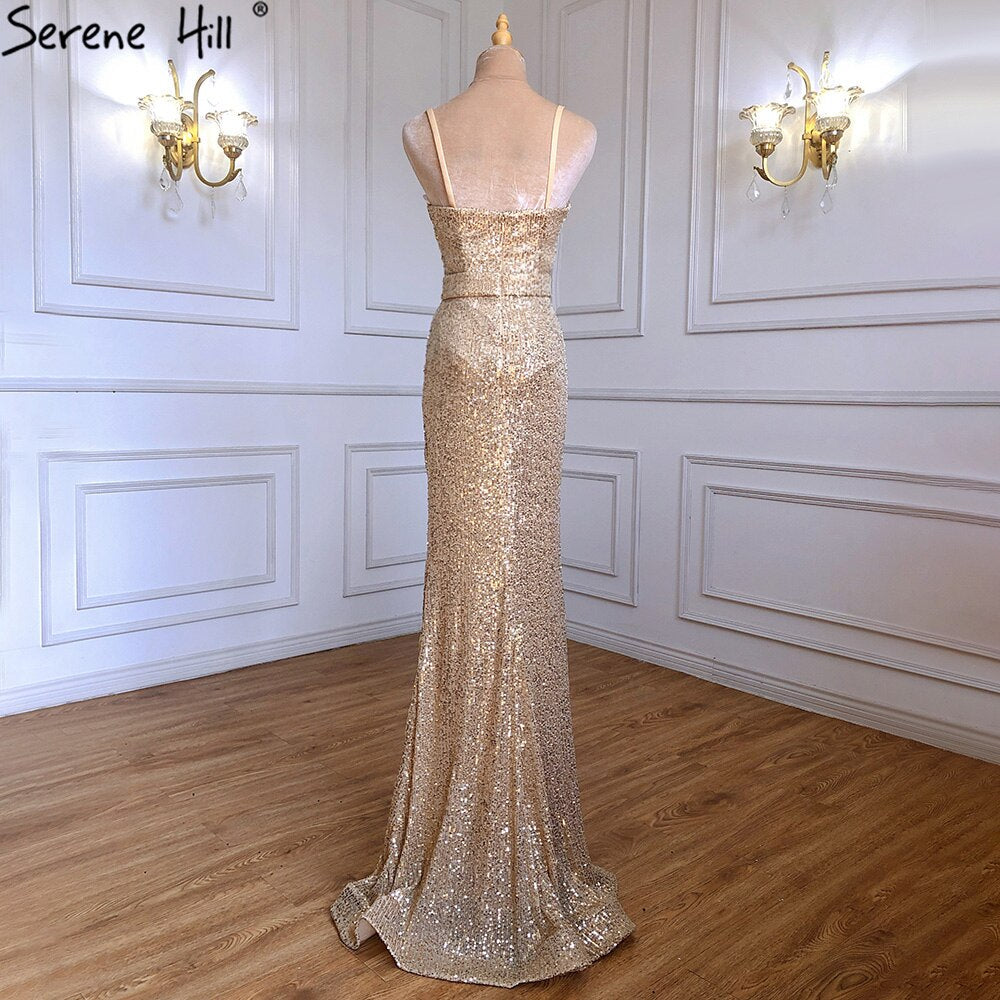 Elegante vestido de noche de sirena dorado con tirantes finos y brillo para mujer, LA71419