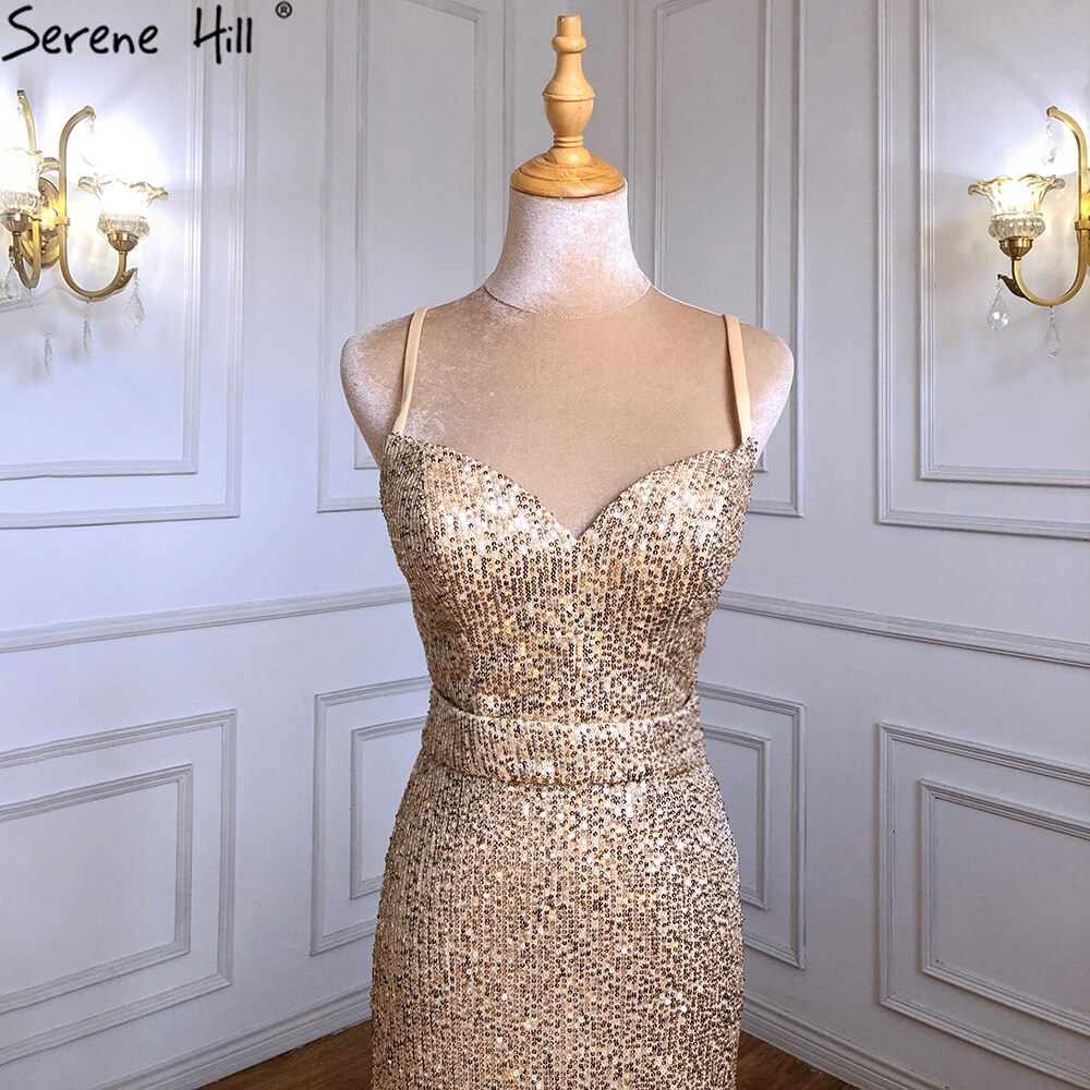 Elegante vestido de noche de sirena dorado con tirantes finos y brillo para mujer, LA71419