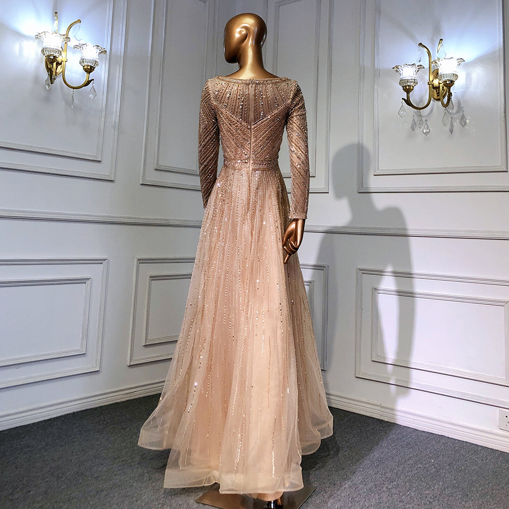 En oferta, sin devolución ni reembolso, elegante vestido de noche de sirena dorado con mangas largas y cuello redondo, con cuentas, para mujer, fiesta, LA71635